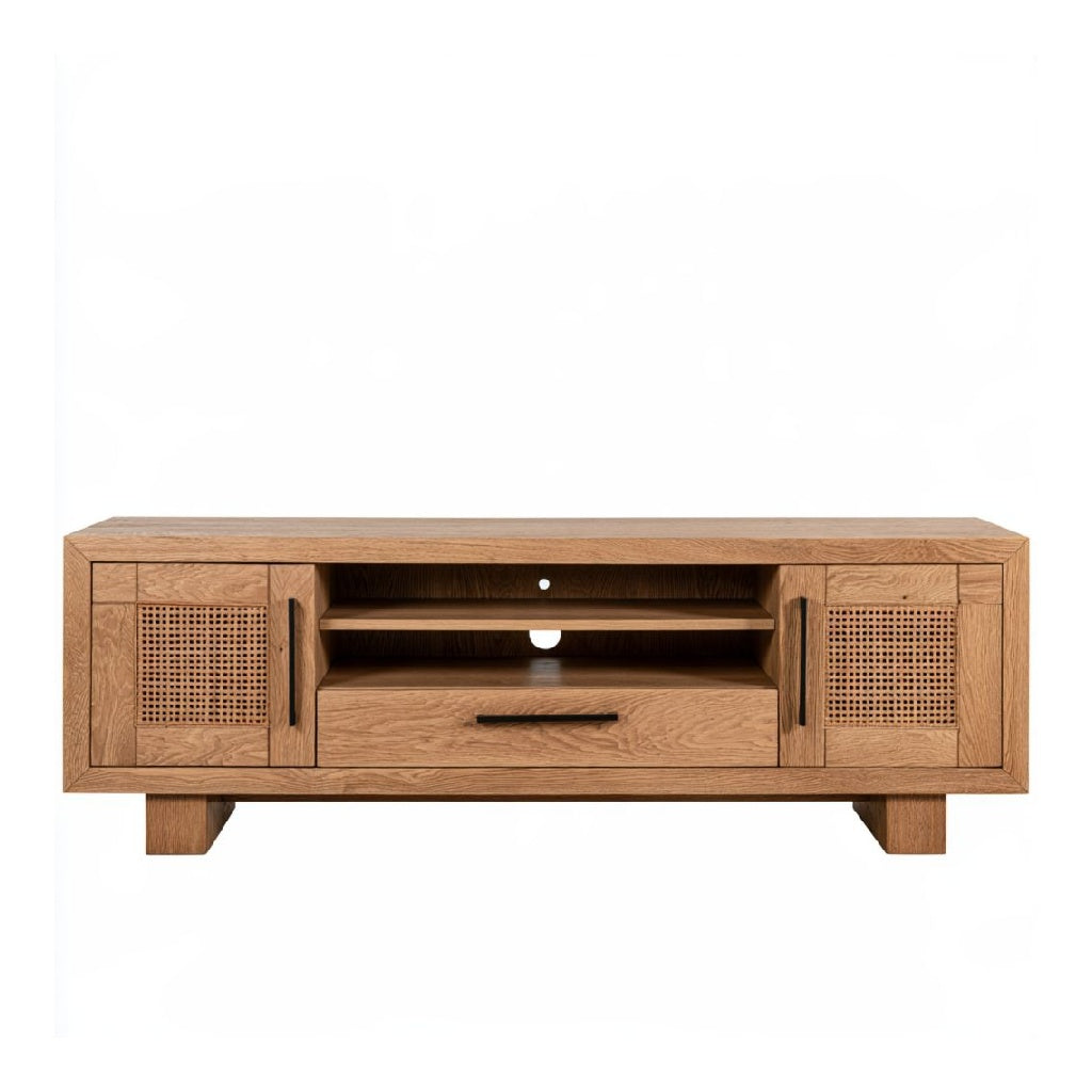 Meuble TV en bois d'acacia et rotin naturel 140 x 40 x 70 cm marron