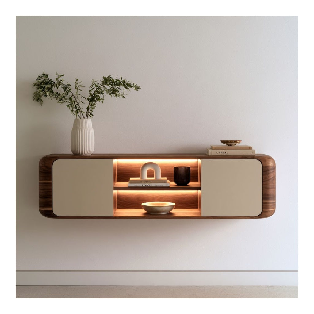 Meuble TV rectangulaire 180 x 40 x 60 cm en MDF plaque noyer avec portes beige