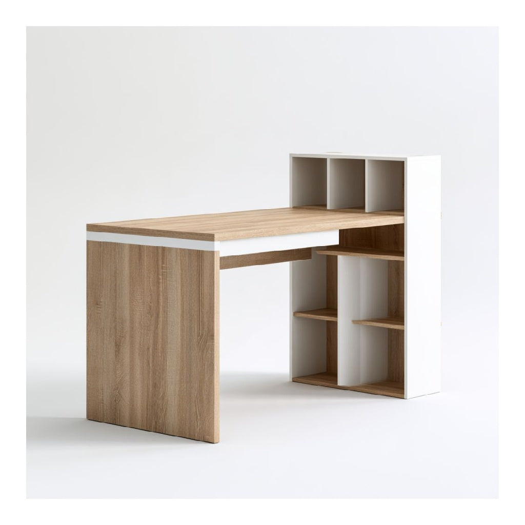 Bureau classique avec etageres 120 x 60 x 120 cm en panneaux de particules rectangulaire chene clair et blanc