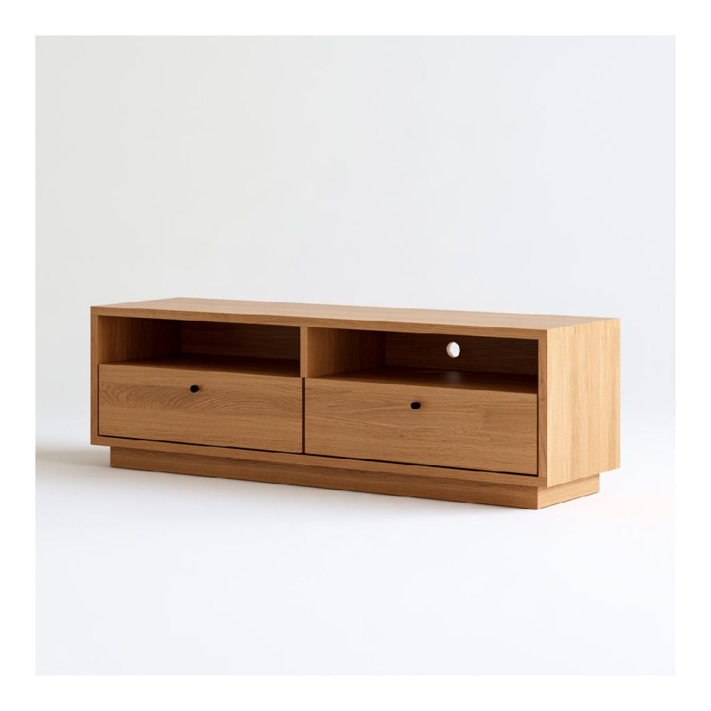 Meuble TV 2 tiroirs 2 niches passe-cables en panneaux de particules decor chene rectangulaire 120 x 40 x 50 cm