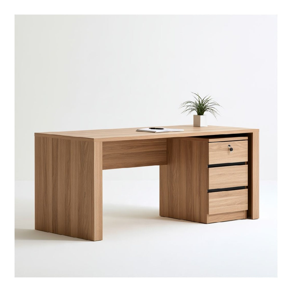 Bureau classique avec caisson 3 tiroirs verrouillable en panneaux de particules melamines chene clair rectangulaire 120 x 60 x 75 cm