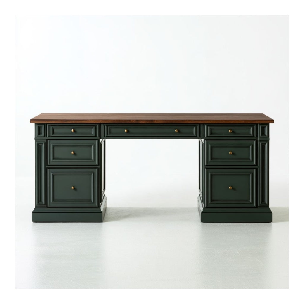 Bureau classique a 7 tiroirs rectangulaire en MDF vert fonce et decor noyer 140 x 70 x 75 cm