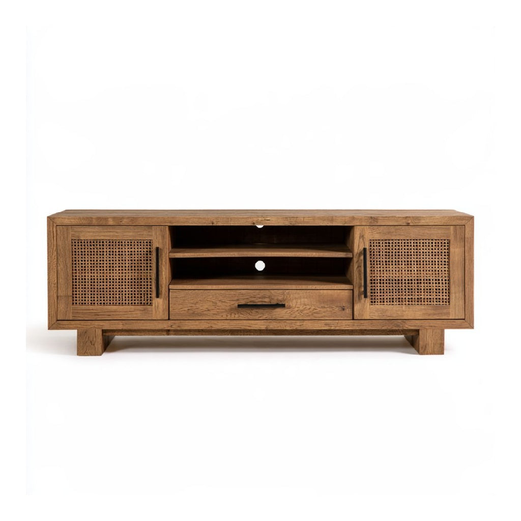 Meuble TV 160 x 40 x 55 cm en panneaux MDF finition noyer avec 2 portes coulissantes
