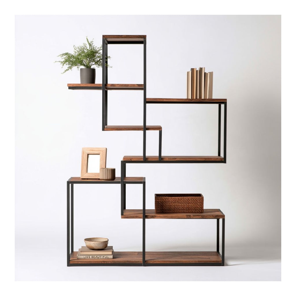 Etagere de rangement 5 niveaux en panneaux de particules et acier rectangulaire brun rustique noir 100 x 30 x 180 cm