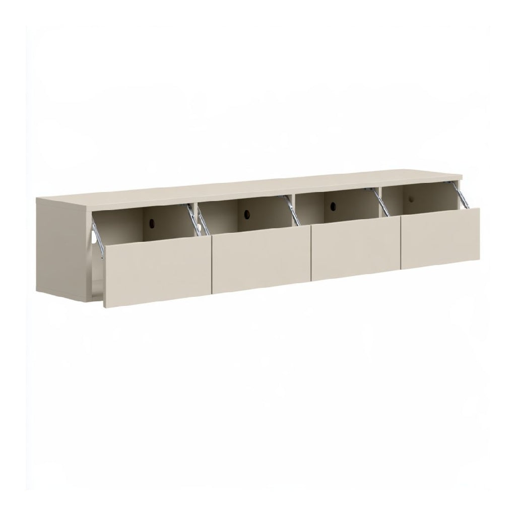 Meuble TV bas rectangulaire 180 x 40 x 45 cm en panneaux de particules melamines beige avec 4 abattants