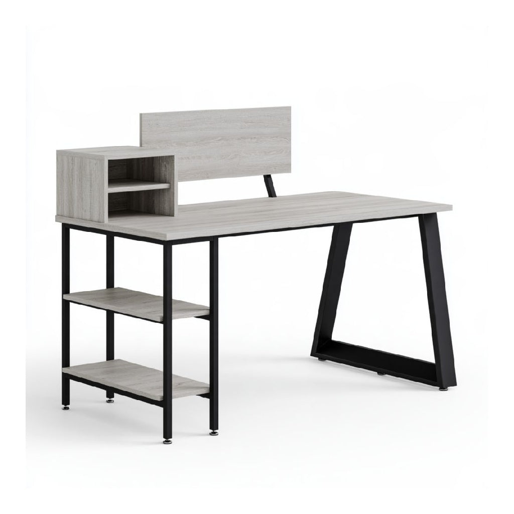 Bureau droit avec etageres 120 x 60 x 75 cm panneaux de particules melamines gris chene et acier noir
