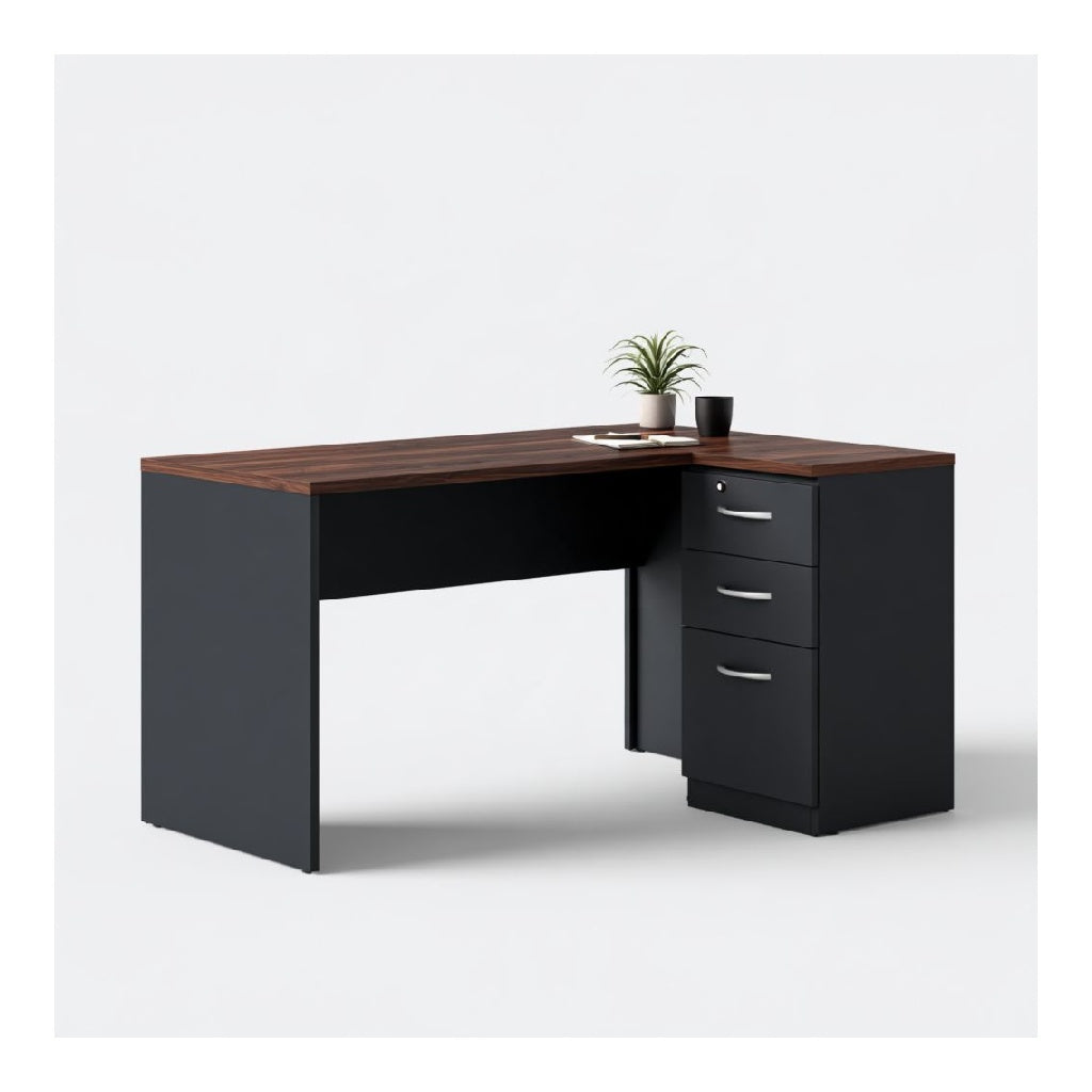 Bureau droit avec caisson 3 tiroirs verrouillable 120 x 60 x 75 cm en panneaux de particules melamines rectangulaire noir et noyer