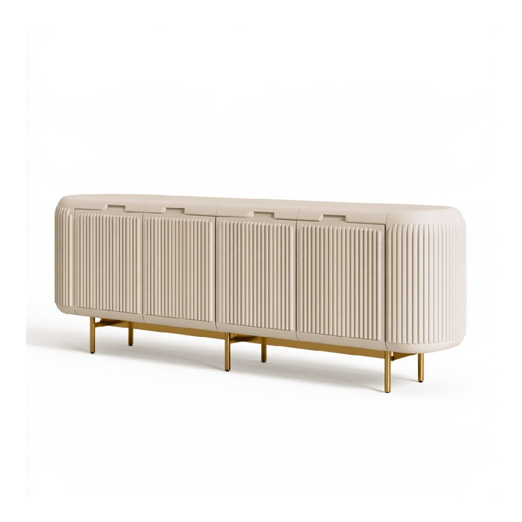 Meuble TV a 4 portes en MDF beige 180 x 40 x 75 cm avec pietement en acier dore