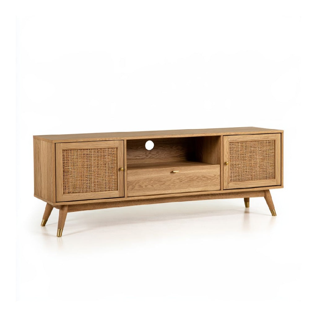 Meuble TV rectangulaire 160 x 40 x 60 cm en panneaux MDF decor chene avec portes en cannage naturel