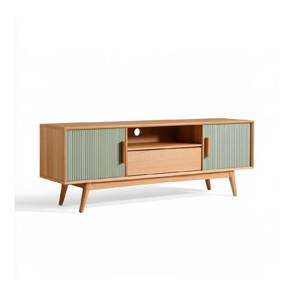 Meuble TV rectangulaire 160 x 40 x 55 cm en panneaux de particules decor chene et vert sauge avec 2 portes coulissantes et tiroir