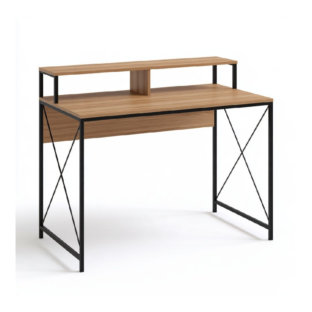 Bureau informatique avec etageres 120 x 60 x 90 cm panneaux de particules decor chene et acier noir