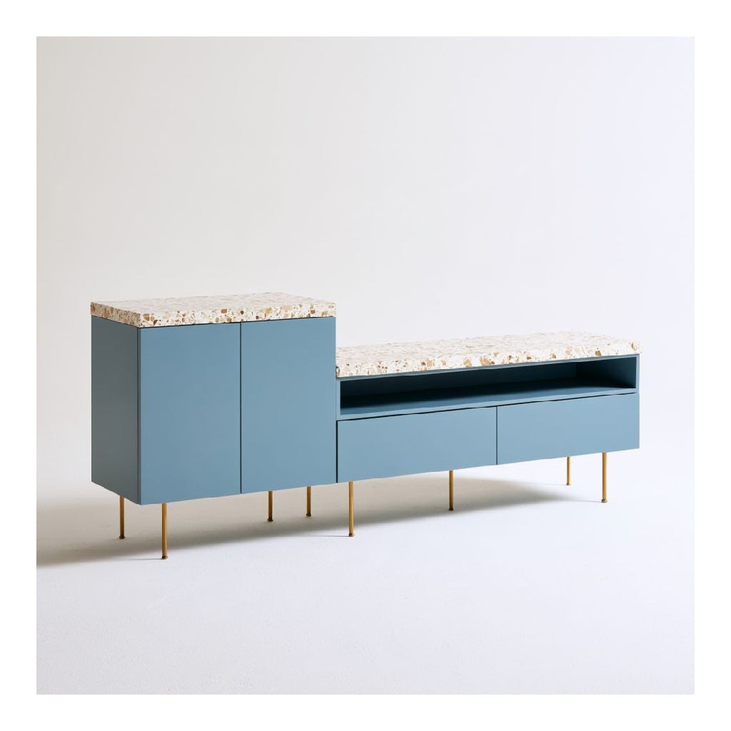 Meuble TV avec rangement 200 x 40 x 75 cm en MDF bleu gris plateau effet terrazzo rectangulaire