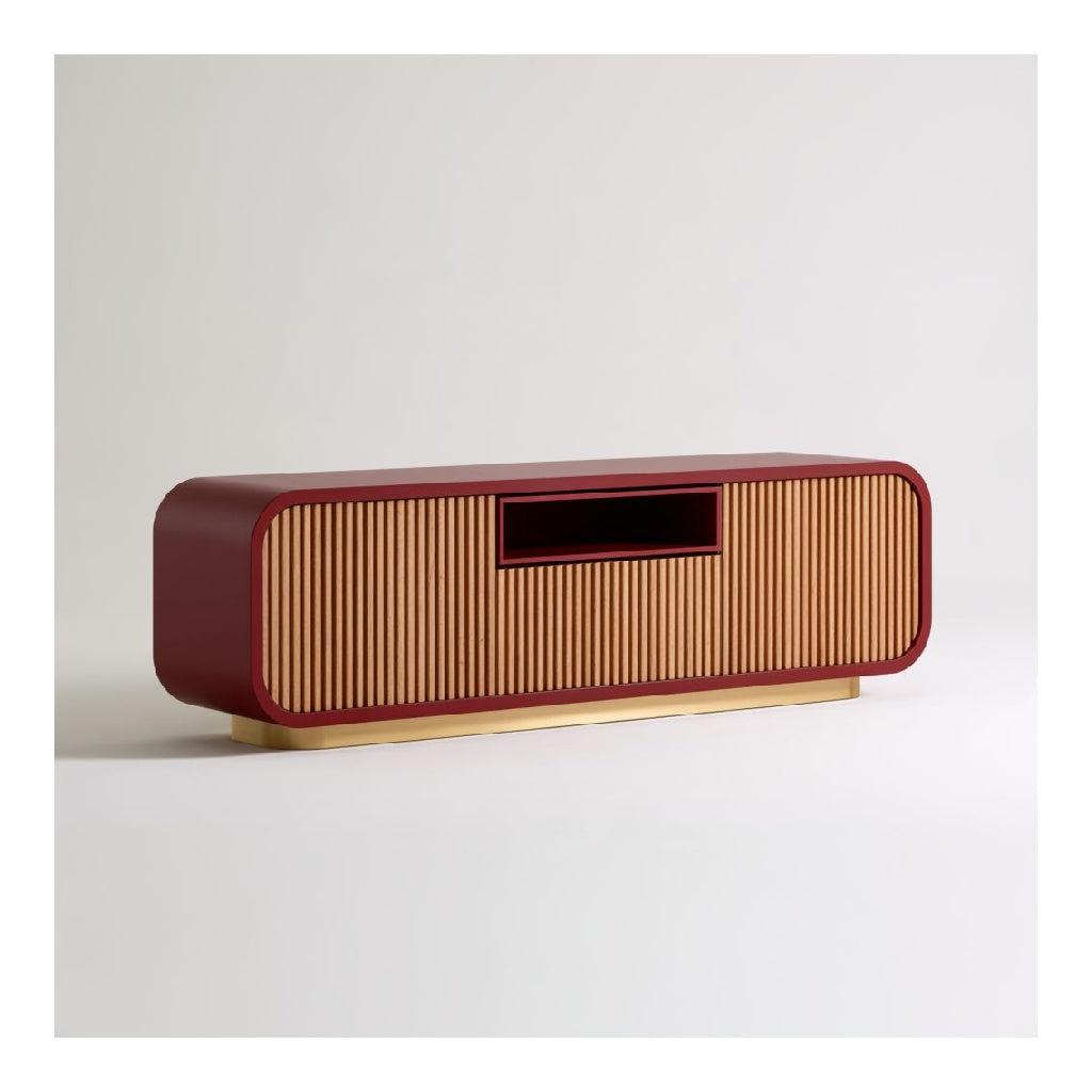 Meuble TV 160 x 40 x 50 cm en MDF bordeaux et chene clair avec portes coulissantes rainurees